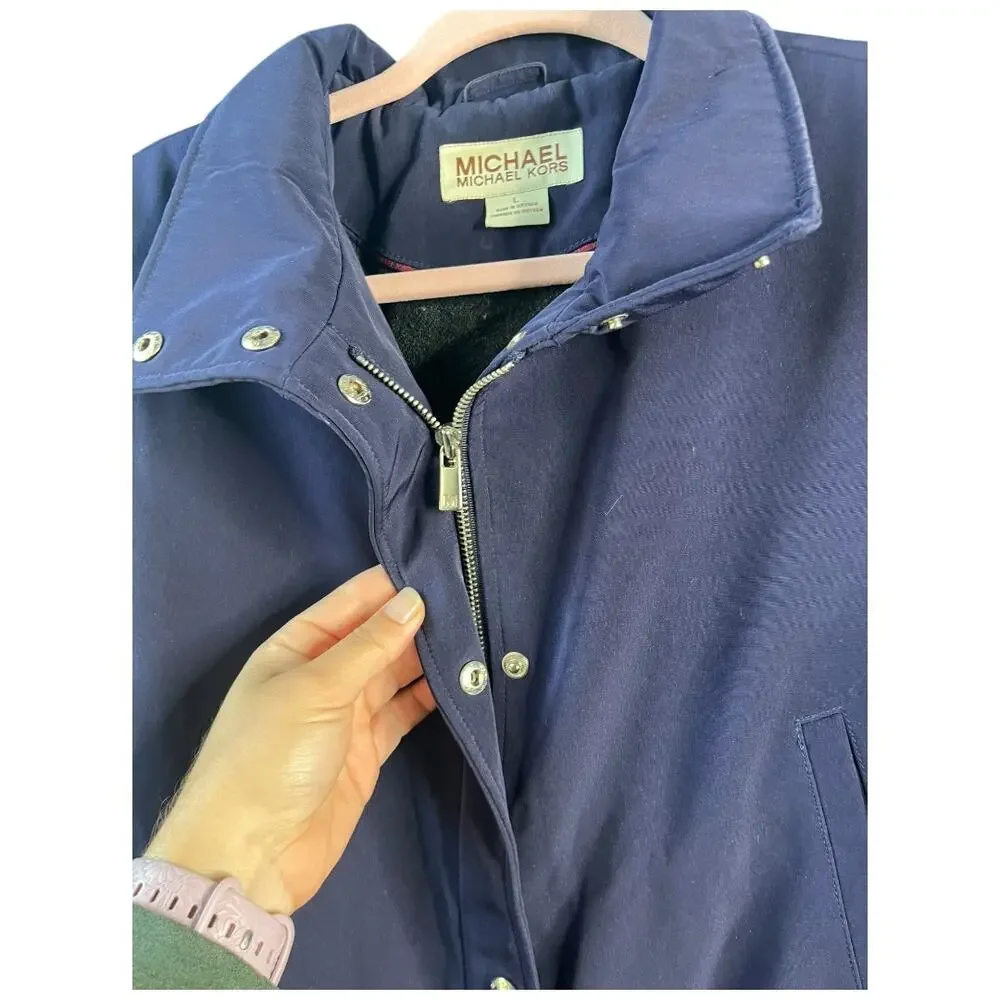 Michael Kors wool blend long quilted filled rain jacket overcoat snap blue Large